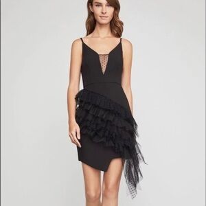 BCBGMaxAzria Womens Black Asymmetrical Dot Mesh Ruffle Sheath Mini Dress Size 0